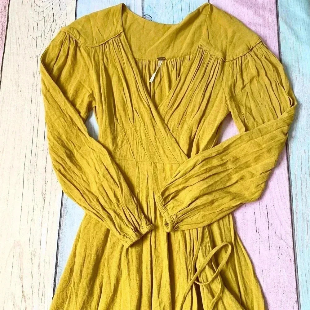 Yellow free people long sleeve wrap around mini dress size xs - Picture 9 of 12